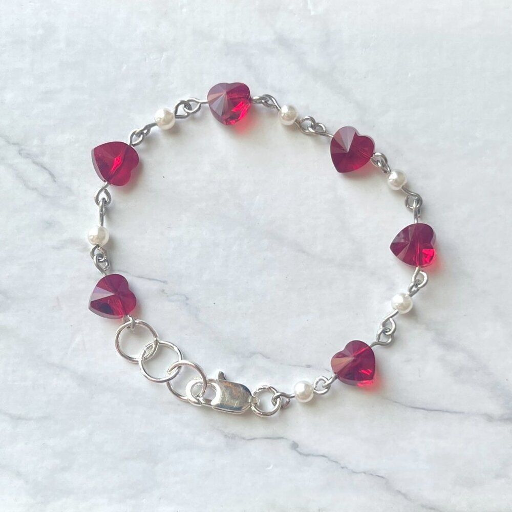 Deep Red Glass Heart and Pearl Bracelet